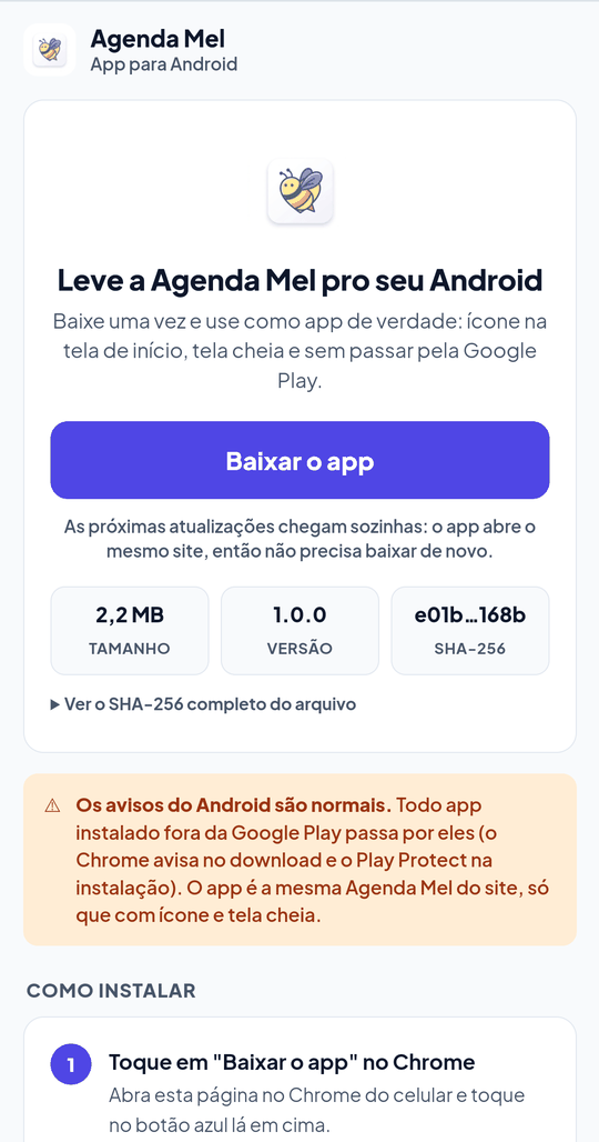 Página da Agenda Mel no Chrome com o botão Baixar o app