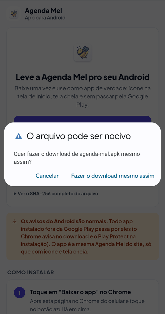 Aviso do Chrome: O arquivo pode ser nocivo, com o botão Fazer o download mesmo assim