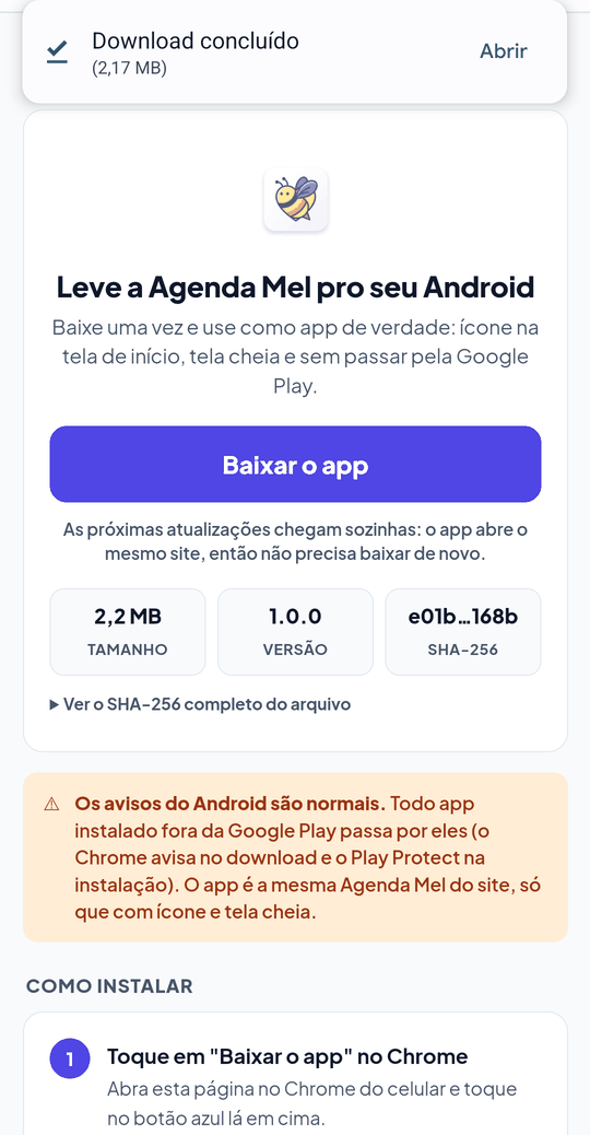 Aviso Download concluído com o botão Abrir