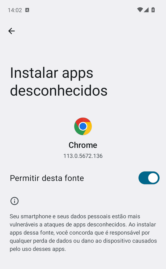 Tela Instalar apps desconhecidos com a opção Permitir desta fonte ligada