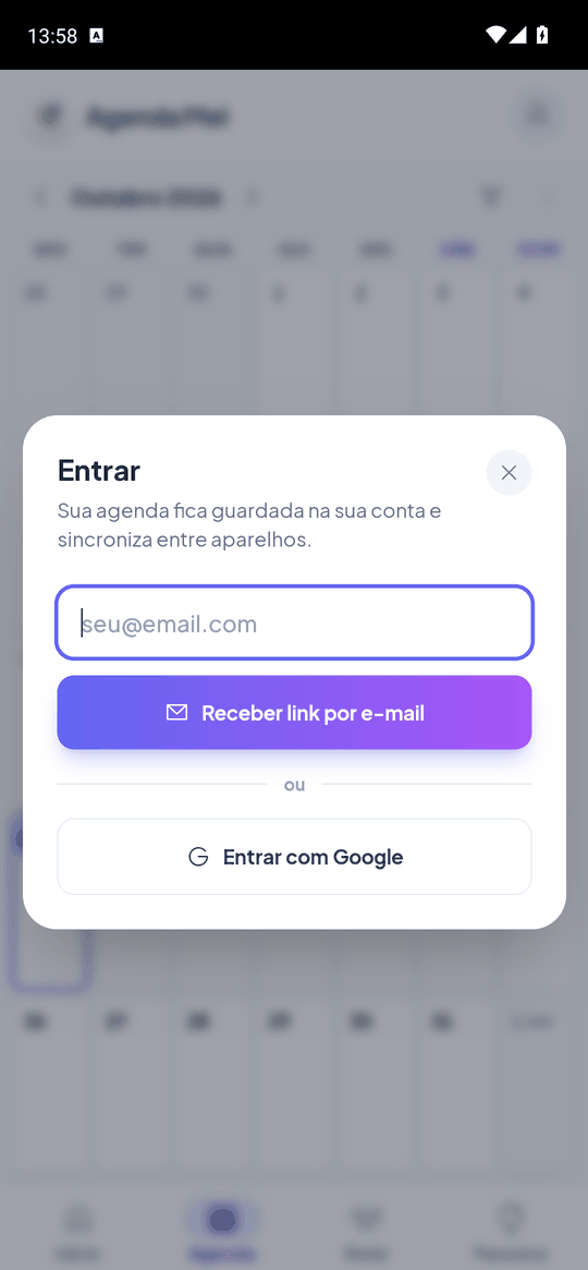 App Agenda Mel aberto em tela cheia, sem barra do navegador, com a janela Entrar e o botão Entrar com Google